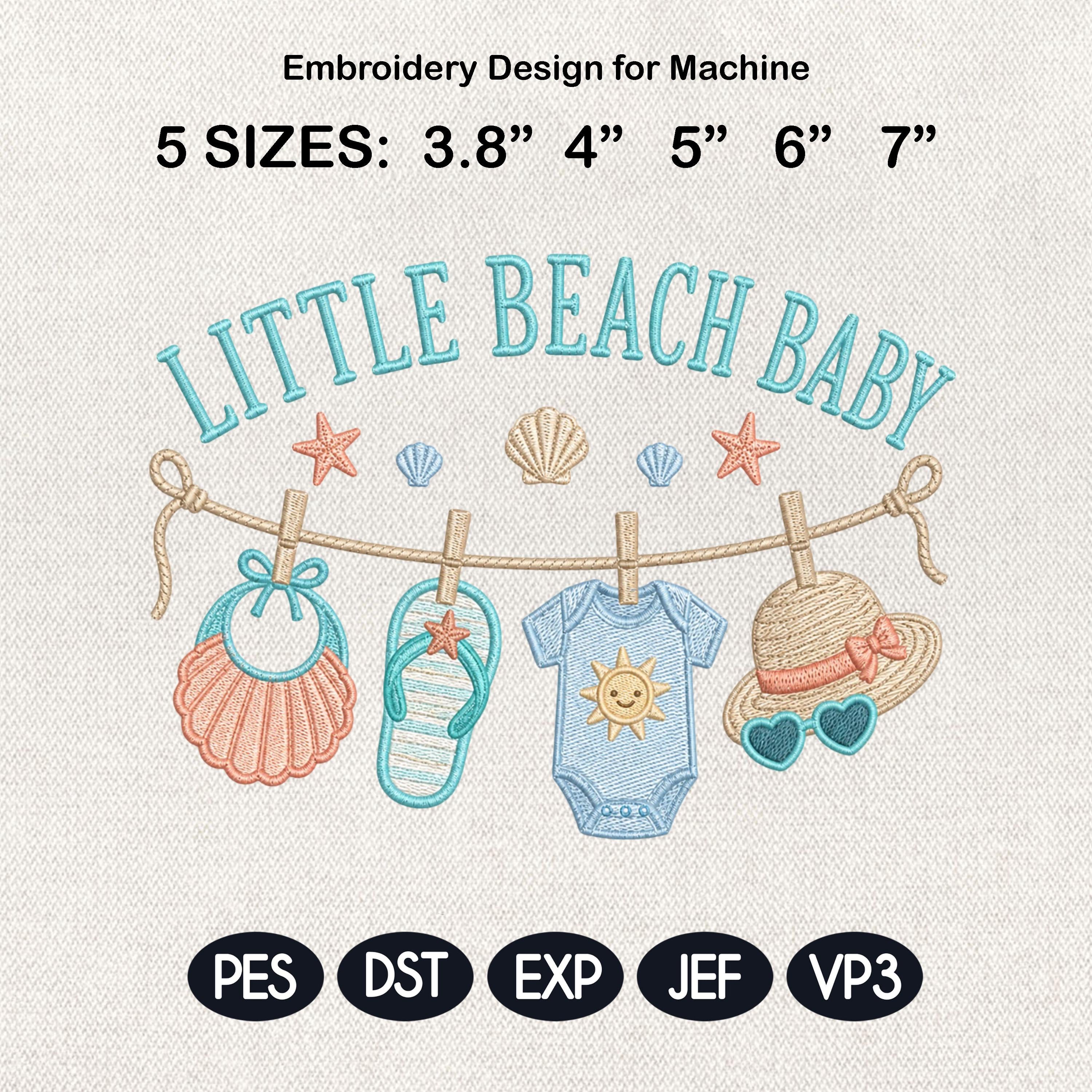 Little Beach Baby Machine Embroidery Design, Coastal Baby Clothesline Embroidery File, Summer Baby Shower Design, 5 sizes, Digital Download