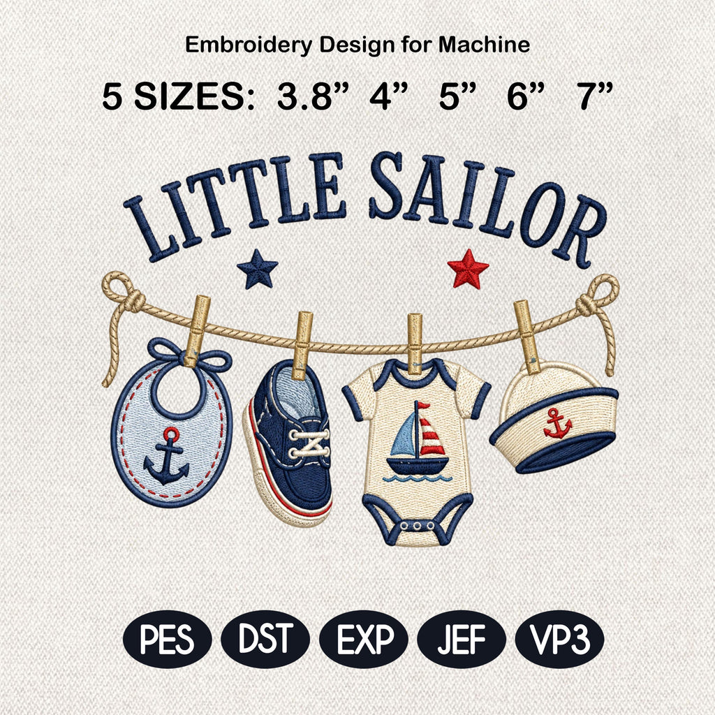 Little Sailor Machine Embroidery Design, Nautical Baby Clothesline Embroidery File, Sailboat Baby Shower Design, 5 sizes, Digital Download