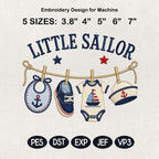 Little Sailor Machine Embroidery Design, Nautical Baby Clothesline Embroidery File, Sailboat Baby Shower Design, 5 sizes, Digital Download