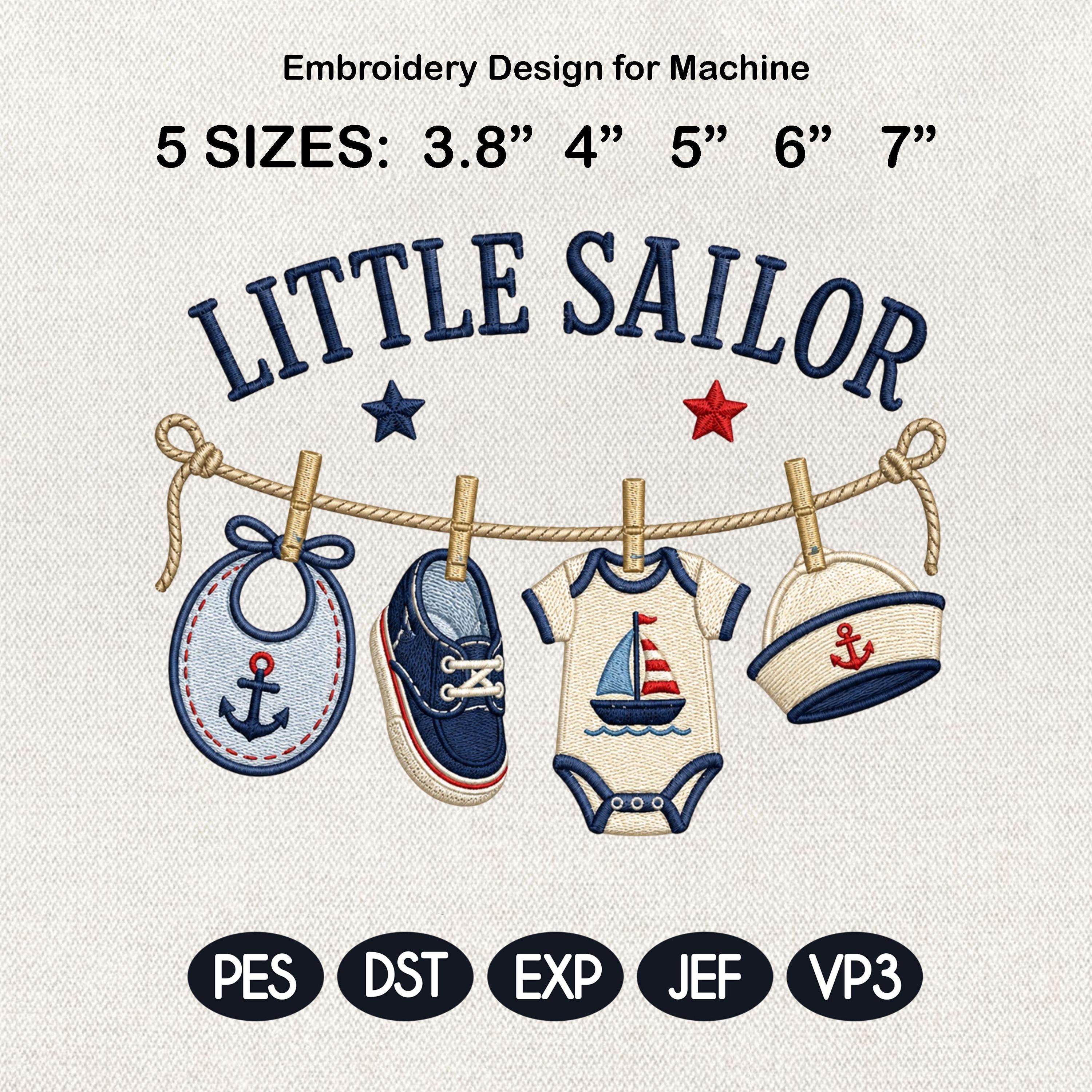 Little Sailor Machine Embroidery Design, Nautical Baby Clothesline Embroidery File, Sailboat Baby Shower Design, 5 sizes, Digital Download