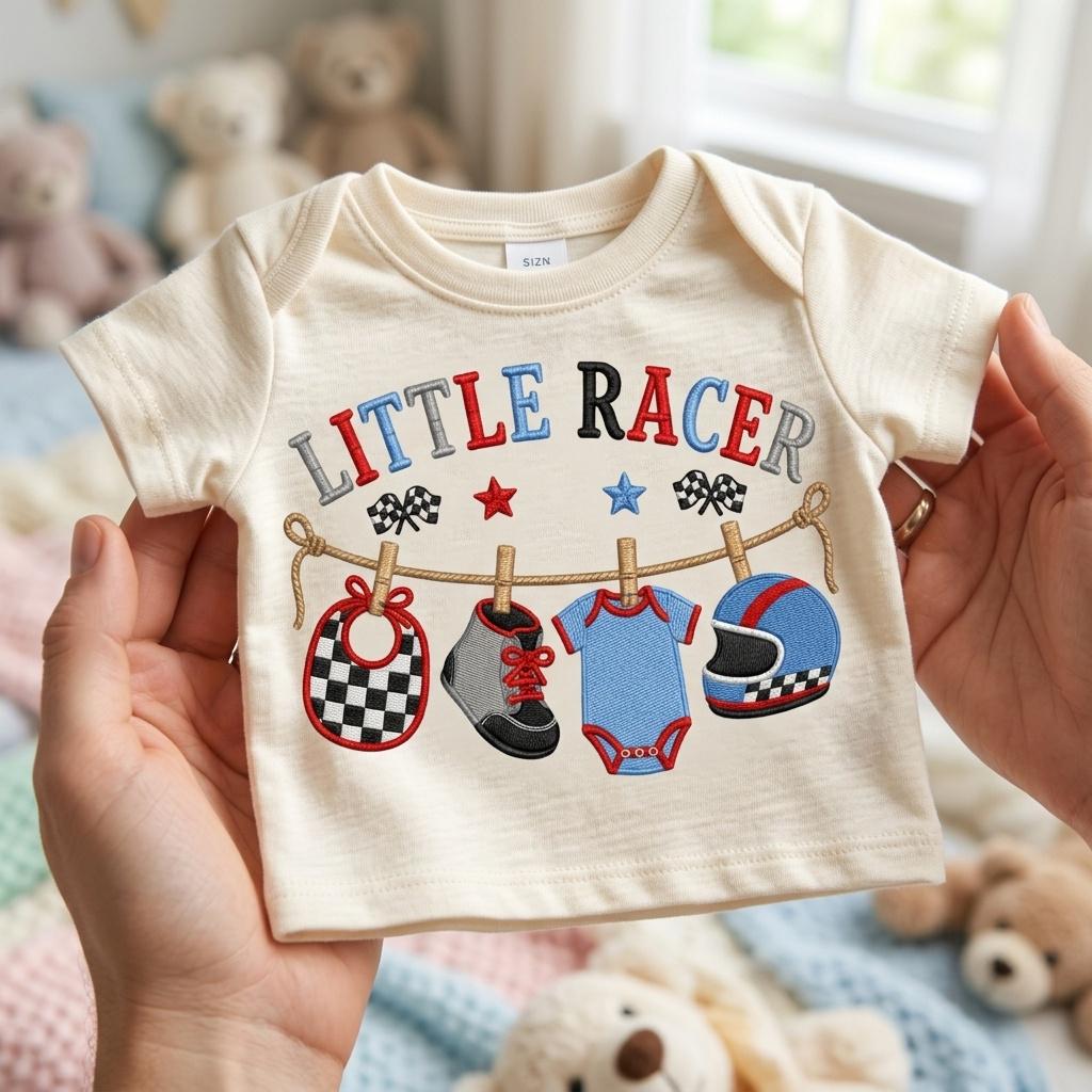 Little Racer Machine Embroidery Design, Racing Baby Clothesline Embroidery File, Race Car Baby Shower Design, 5 sizes, Digital Download - image 5