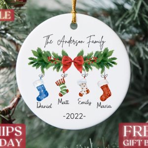 Personalized Family of 4 Ornament, Custom Family Stocking Ornament With Names and Year, New Family Christmas Gift 2022, Ceramic Keepsake