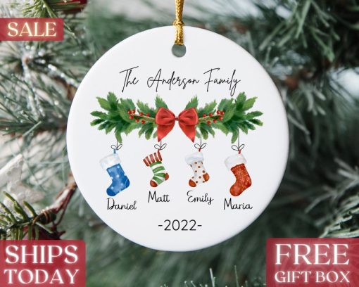 Personalized Family of 4 Ornament, Custom Family Stocking Ornament With Names and Year, New Family Christmas Gift 2022, Ceramic Keepsake