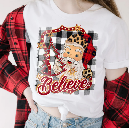 Xmas Red Tartan Christmas Tree Santa Believe Light Classic T Shirt photo review