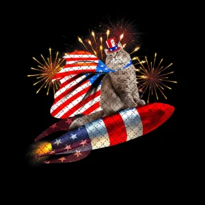 Meowica Kitty Cat 4th Of July Rocket With Fireworks USA Patriotic Png Digital Download