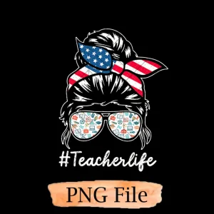 Teacher's Patriotic Pride: American Messy Bun 4th of July USA Flag PNG