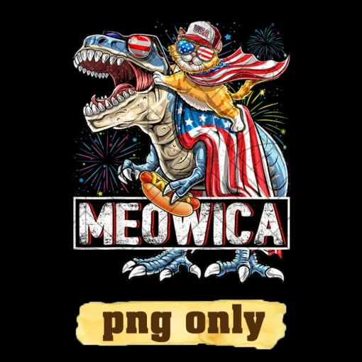 Hilarious Meowica Dino-Saurus: 4th Of July Patriotic Firework Cat-T-Rex PNG