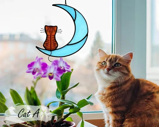Beautiful Sleeping Cat on the Moon Suncatcher to Remember Your Pet-1