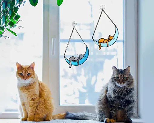 Beautiful Sleeping Cat on the Moon Suncatcher to Remember Your Pet