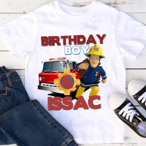 Custom Name and Age Shirt with Fireman Sam and Truck Theme