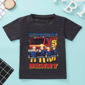 Fireman Sam Custom Name Age and Fire Truck Shirt for Birthday Boy