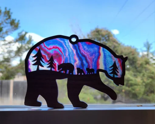 Wooden Bear and Cubs Sun Catcher A Thoughtful Gift for Mom