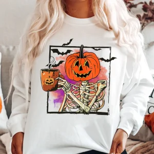 Halloween Shirt: Pumpkin Skeleton Coffee Lover Tee-1