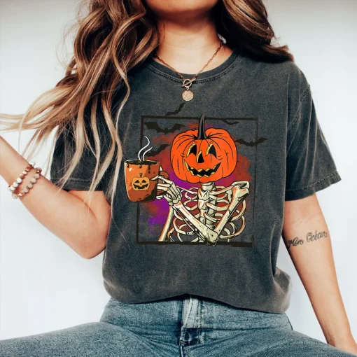 Halloween Shirt: Pumpkin Skeleton Coffee Lover Tee