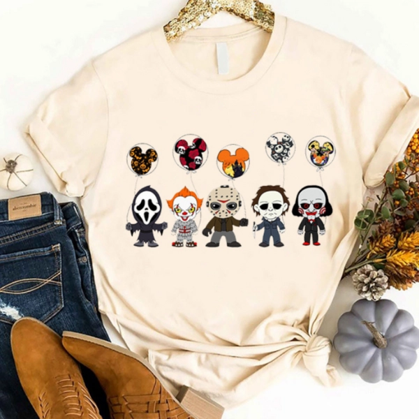 Halloween Shirt Collection Cute Horror Characters, Ghostface, and Disney Balloon