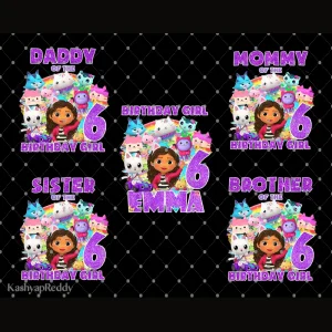 Birthday PNG Bundles with Custom Dollhouse Inspiration, Gabby Theme Party Shirt Png, Personalized Family Birthday Matching, and Kids Gift Birthday Png
