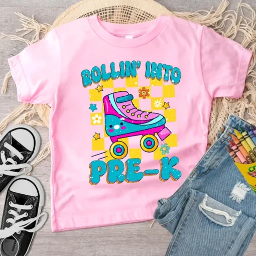 Rollin Into Kindergarten Shirt, Pre-K Skating Toddler Tee, Roller Skate School Kids Shirt, Back to School Shirt, First Day of School-1