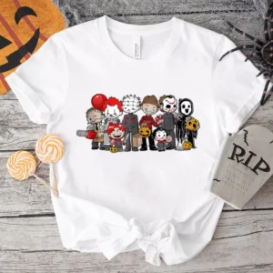 Halloween Shirt: Cute Chibi Horror Characters, Jason, Michael, Mugshot Party-2