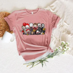 Halloween Shirt: Cute Chibi Horror Characters, Jason, Michael, Mugshot Party-1