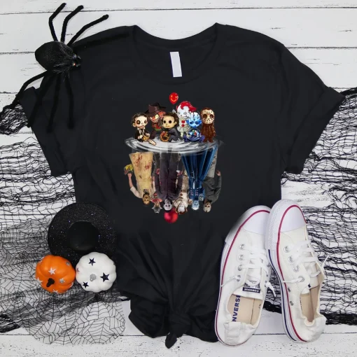 Cute Horror Movie Chibi Character Water Reflection Halloween Shirt-1