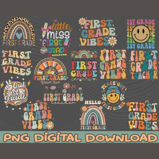 First Grade Vibes png bundle, 1st Grade Back to School png, Retro Teacher Sublimation Shirt PNG, Smiley Flower png