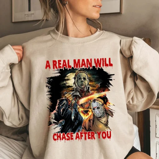 Halloween Shirt: Horror Fan Sweatshirt with Chasing Men and Spooky Season Themes