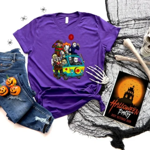 Horror Characters Halloween Shirt - Massacre Machine, Friends, Mystery Bus