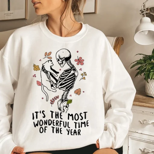 Halloween Shirt, Skeleton & Cat Hoodie - Wonderful Time, Gift!-1