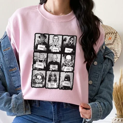 Halloween Mugshot Sweatshirt, Horror Movie Characters Shirt, Halloween Shirt-1