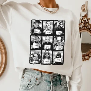 Halloween Mugshot Sweatshirt, Horror Movie Characters Shirt, Halloween Shirt