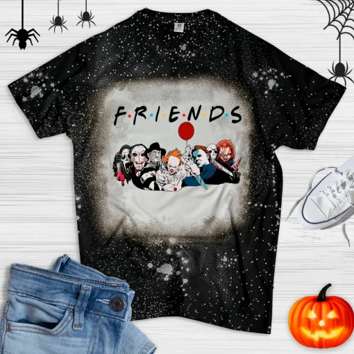 Friends Horror Movie Characters Distressed Bleached Shirt-2