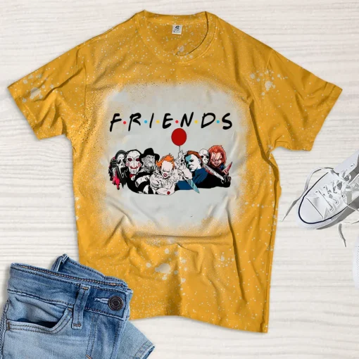 Friends Horror Movie Characters Distressed Bleached Shirt-3