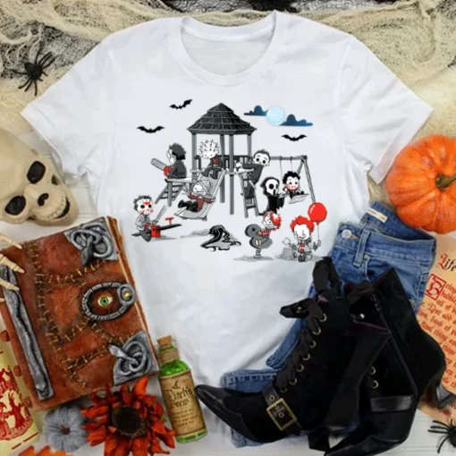 Halloween Shirt: Cute Horror Characters, Movies Sweatshirt, Mugshot & Chibi Disney Balloon-1