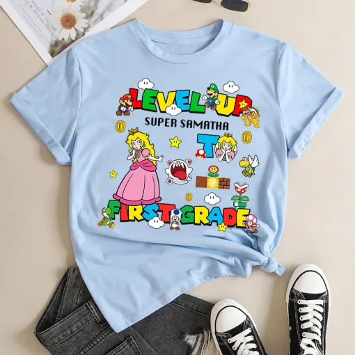 Custom Super Mario Back To School Shirt, Super First Grade Shirt, First Day Of School, 1st 2nd 3rd 4th 5th Grade, Peach Princess Student Squad Shirt-3
