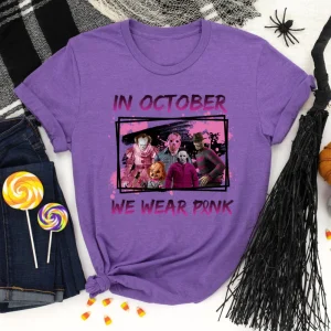 In October We Wear Pink Horror Friends Halloween Shirt-1