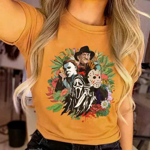 Halloween Shirt: Retro Floral Scream, Jason, Michael, Freddy - Horror Movie Gift