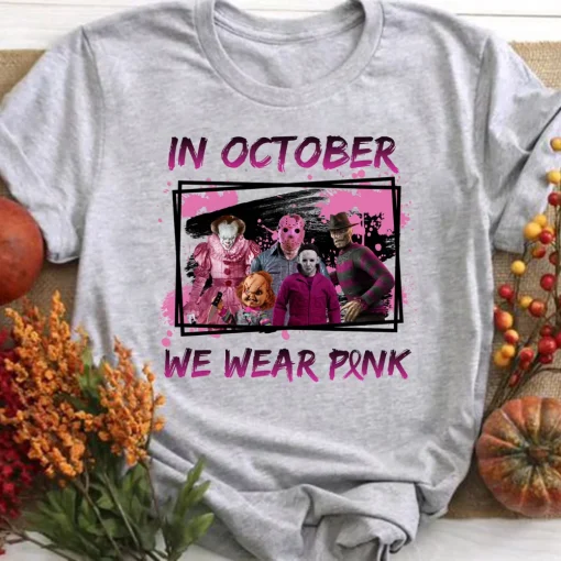 In October We Wear Pink Horror Friends Halloween Shirt-2