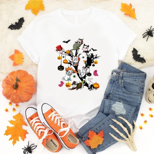 Halloween Shirt: Funny Cat Lover's Pumpkin Tree Horror Movie Tee-2