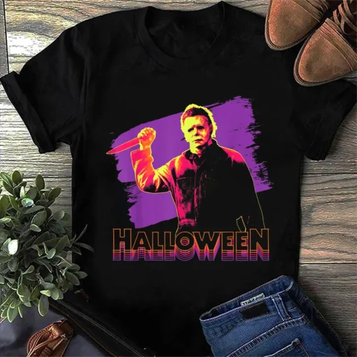 Halloween Shirt: Michael Myers Neon Horror Graphic Unisex Gift