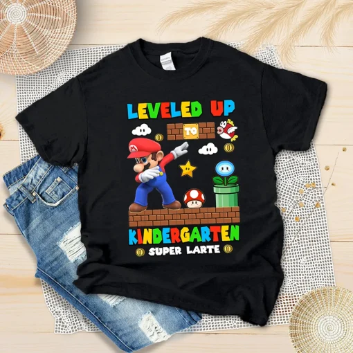 Personalized Super Mario Back To School Shirt, Leveled Up To Kindergarten Shirt, Super Kindergarten Shirt, Custom Grade First Day Of School Shirt, Teacher Shirt-3