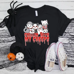 Chillin With My Creeps Cat Horror Serial Killer Halloween Shirt-2