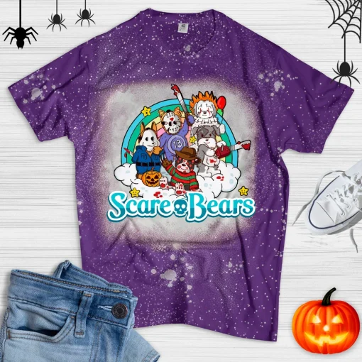 Scary Care Scare Bears Funny Halloween Horror Faces Vintage Bleached Shirt-1