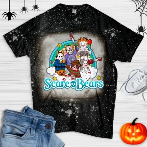 Scary Care Scare Bears Funny Halloween Horror Faces Vintage Bleached Shirt-2