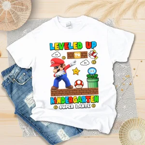 Personalized Super Mario Back To School Shirt, Leveled Up To Kindergarten Shirt, Super Kindergarten Shirt, Custom Grade First Day Of School Shirt, Teacher Shirt-1