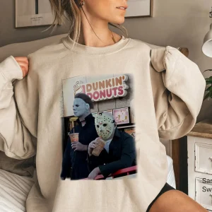 Halloween Shirt: Jason & Michael Myers Dunkin Donuts Horror Movie Tee