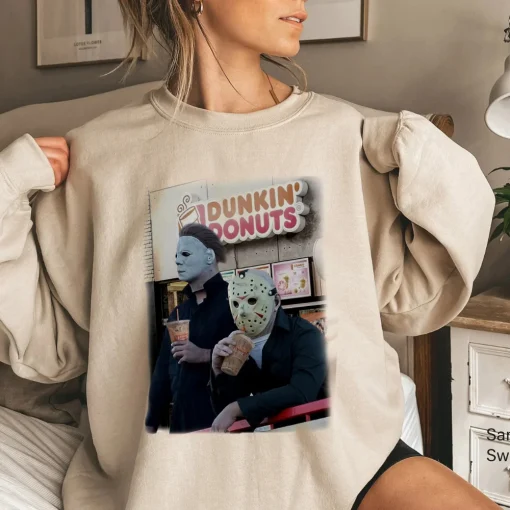 Halloween Shirt: Jason & Michael Myers Dunkin Donuts Horror Movie Tee