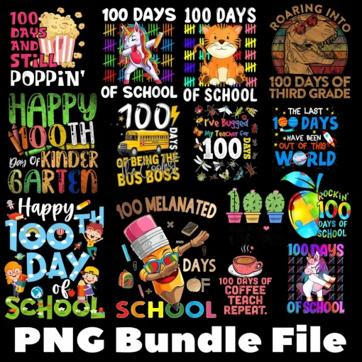 100 Days of School PNG Bundle, Retro 100th Day of School Png, Groovy 100 Days Png, Teacher Png, School Png, Sublimation Designs