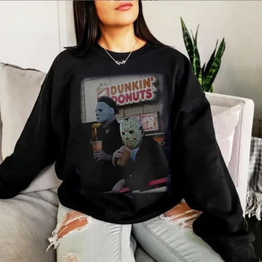 57Halloween Shirt: Jason & Michael Myers Dunkin Donuts Horror Movie Tee-1