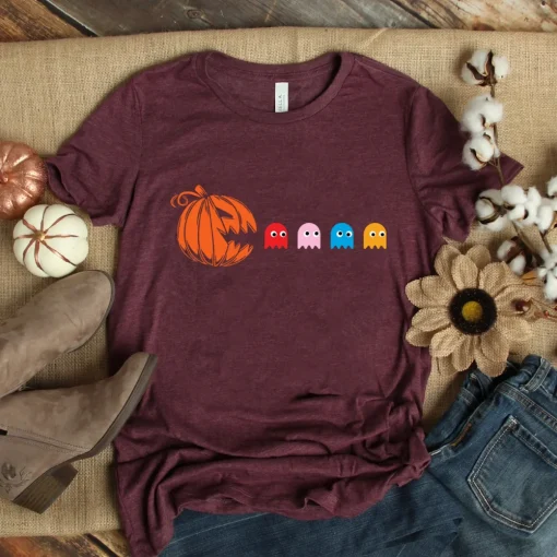 Halloween Pac Man Shirt, Funny Ghost Pumpkin Party Matching Shirt-1