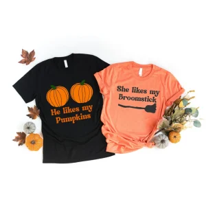 He Likes My Pumpkins She Likes My Broomstick Matching Couple Halloween Unisex Fleece Pullover Sweatshirt